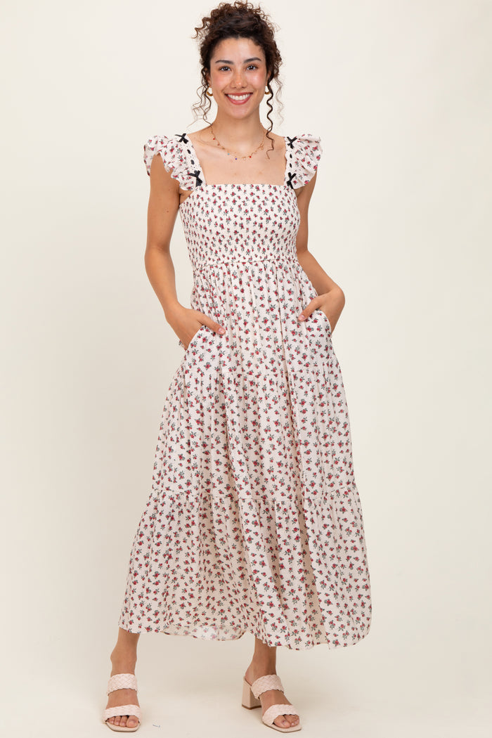 Red Floral Bow Trim Lace Detail Smocked Maxi Dress