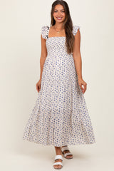 Blue Floral Bow Trim Lace Detail Smocked Maternity Maxi Dress