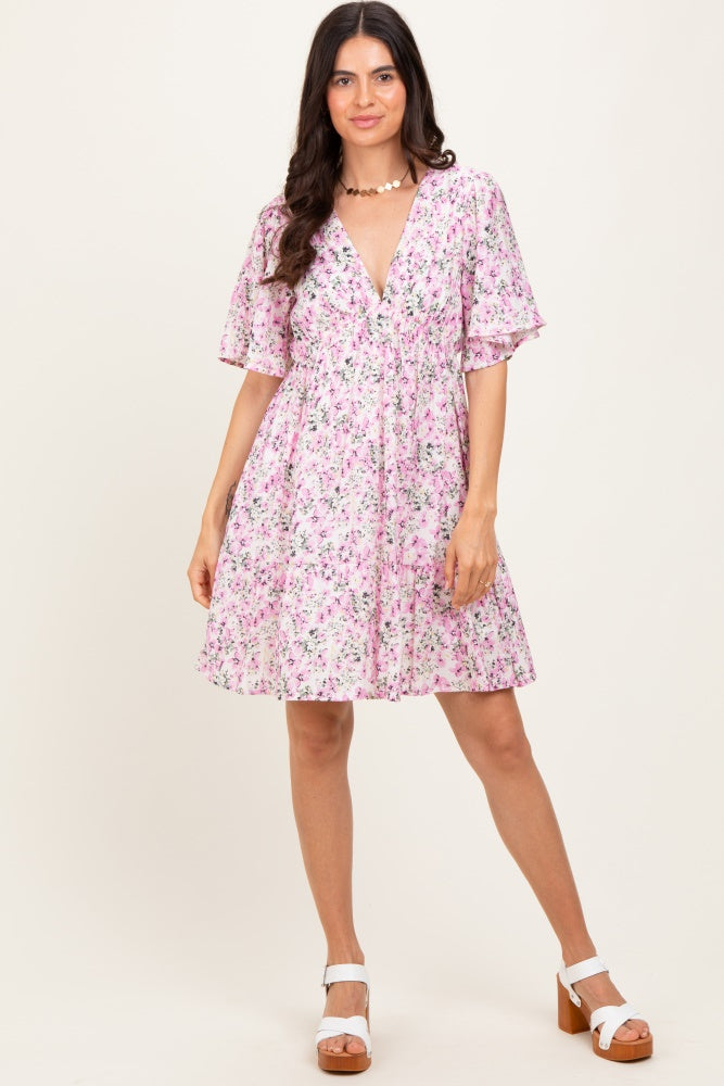 Pink Floral V-Neck Flutter Sleeve Maternity Mini Dress
