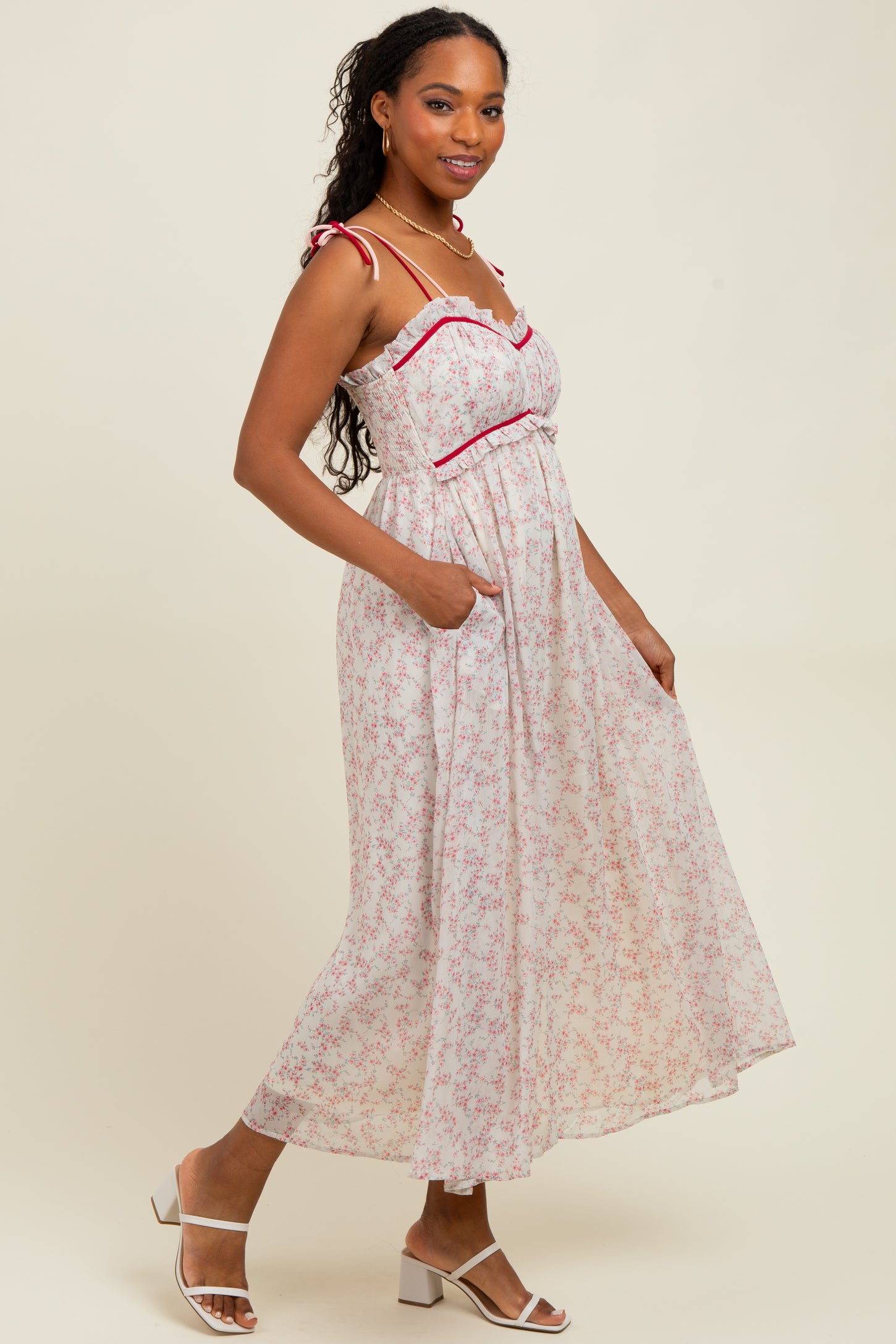 Pink Floral Ruffle Detail Shoulder Tie Midi Dress