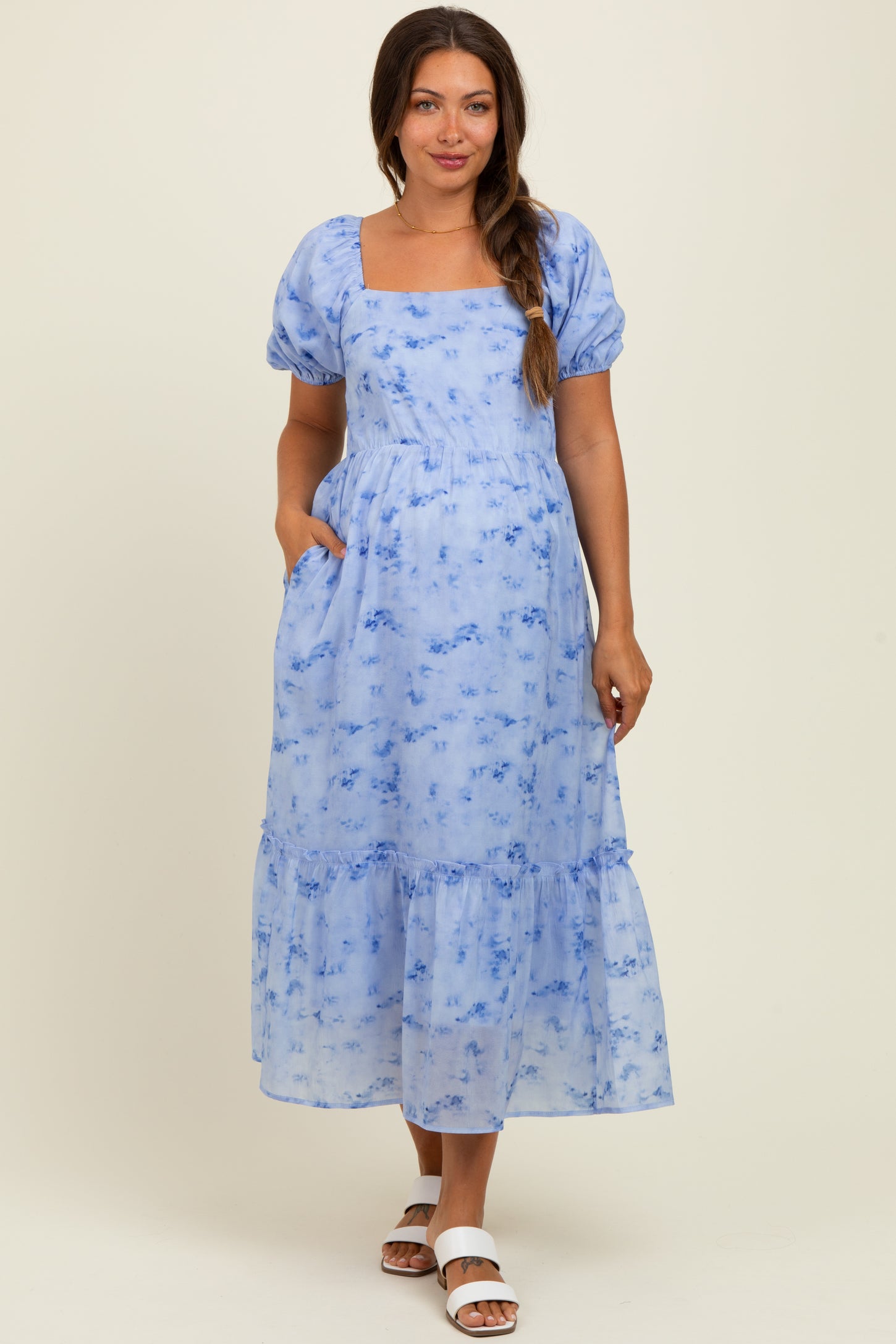 Blue Abstract Puff Sleeve Ruffle Detail Maternity Midi Dress