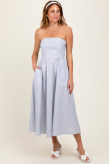 Blue Multi Stripe Strapless Maternity Midi Dress