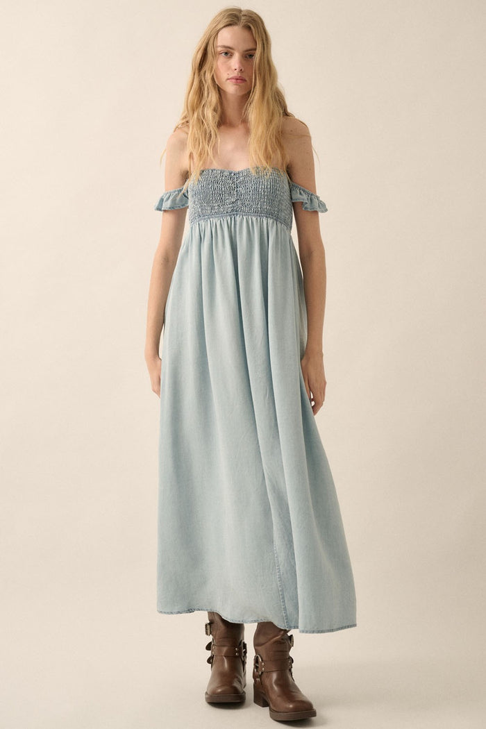 Light Chambray Smocked Denim Off-Shoulder Maxi Dress