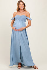 Light Chambray Smocked Denim Off-Shoulder Maternity Maxi Dress