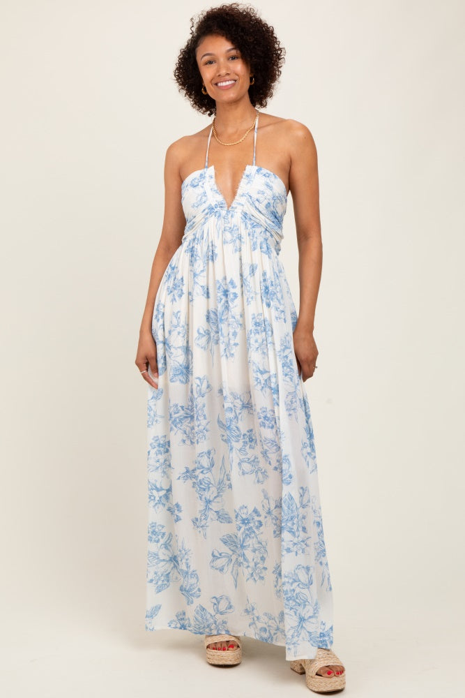 Light Blue Floral Tie-Back Halter Maxi Dress
