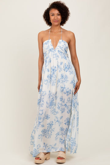 Light Blue Floral Tie-Back Halter Maxi Dress