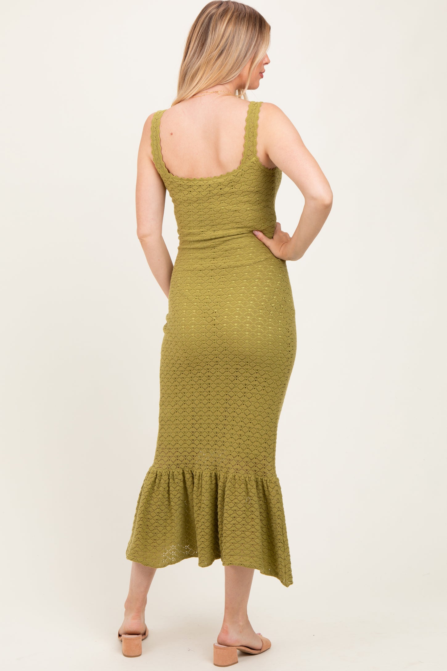 Light Olive Crochet Knit Front Tie Maternity Midi Dress