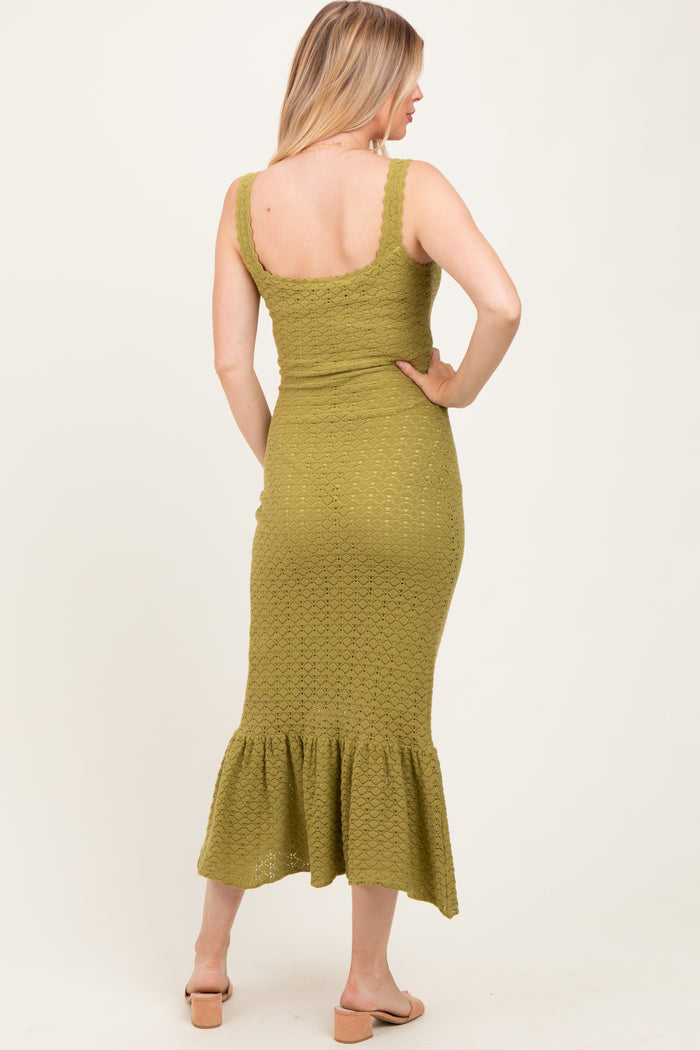 Light Olive Crochet Knit Front Tie Maternity Midi Dress