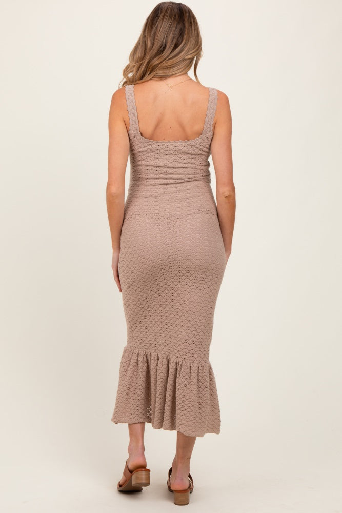 Light Taupe Crochet Knit Front Tie Maternity Midi Dress