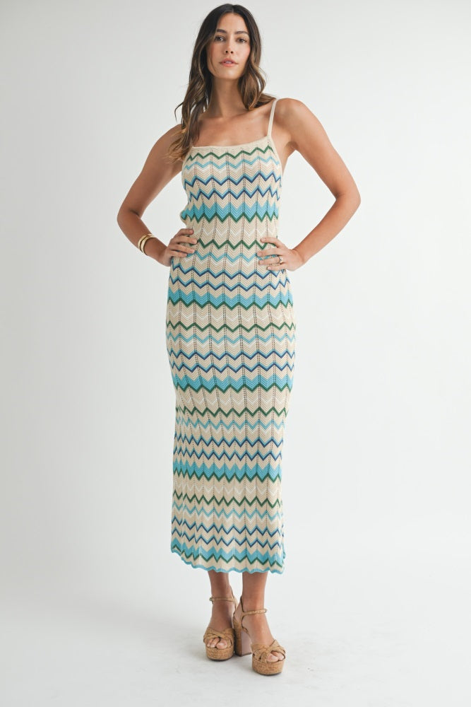 Aqua Pointelle Chevron Knit Open Back Maternity Midi Dress