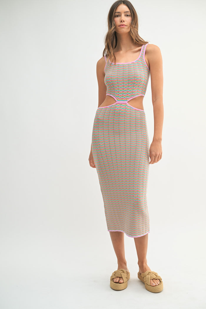 Pink Chevron Knit Cutout Maternity Midi Dress