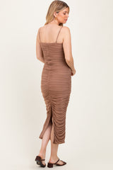 Mocha Mesh Ruched Fitted Maternity Midi Dress