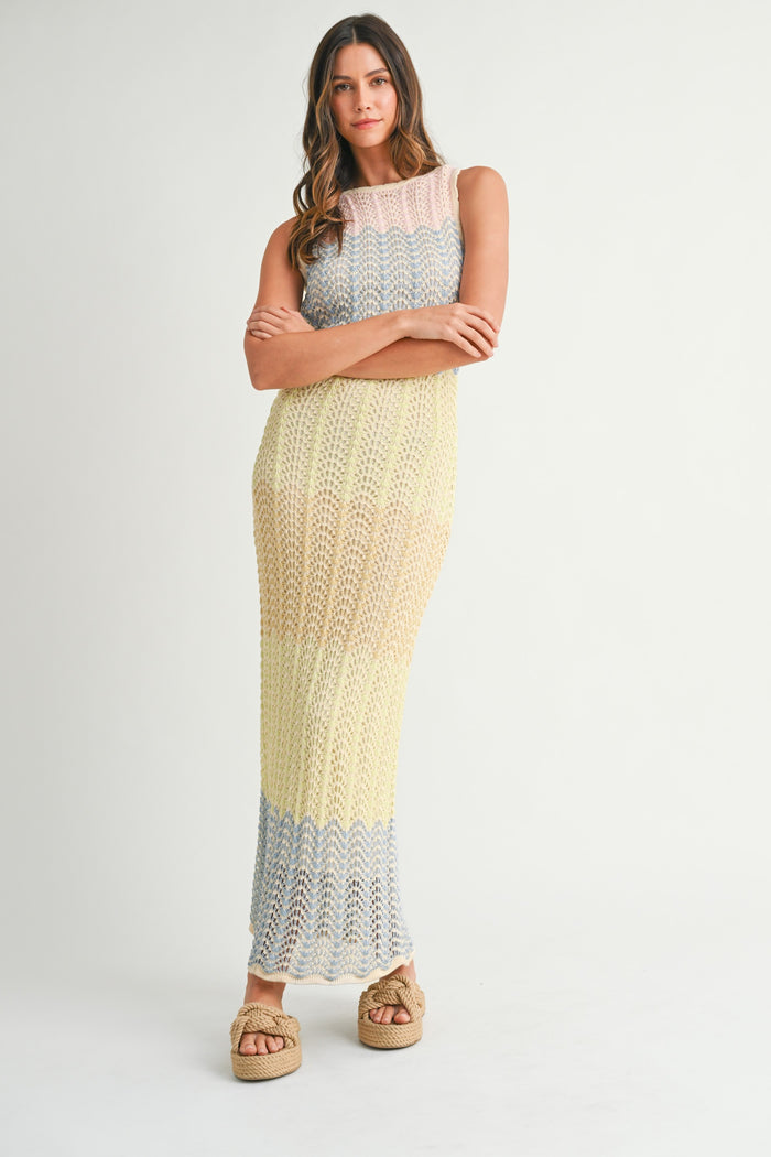 Yellow Colorblock Crochet Knit Open Tie Back Maternity Maxi Dress