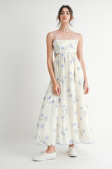 Blue Floral Scallop Edge Back Cutout Maternity Maxi Dress