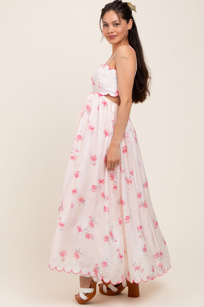 Pink Floral Scallop Edge Back Cutout Maternity Maxi Dress