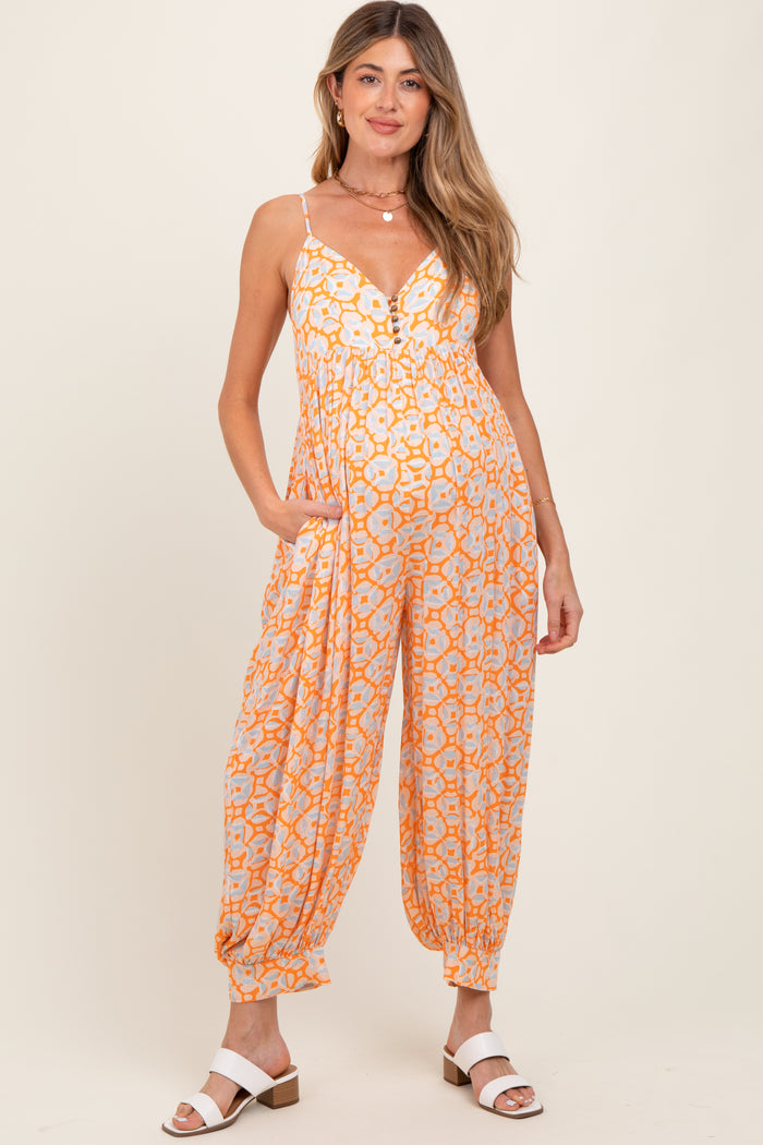 Peach Printed Button Detail Maternity Jumpsuit