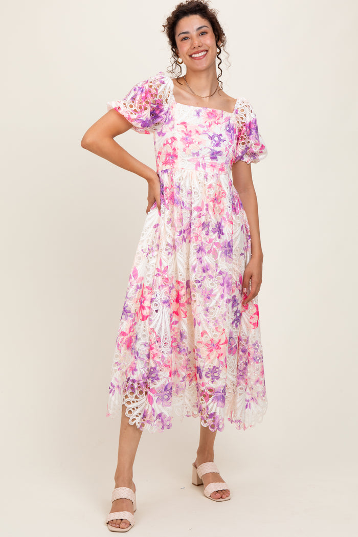 Purple Tie Dye Lace Puff Sleeve Maternity Midi Dress