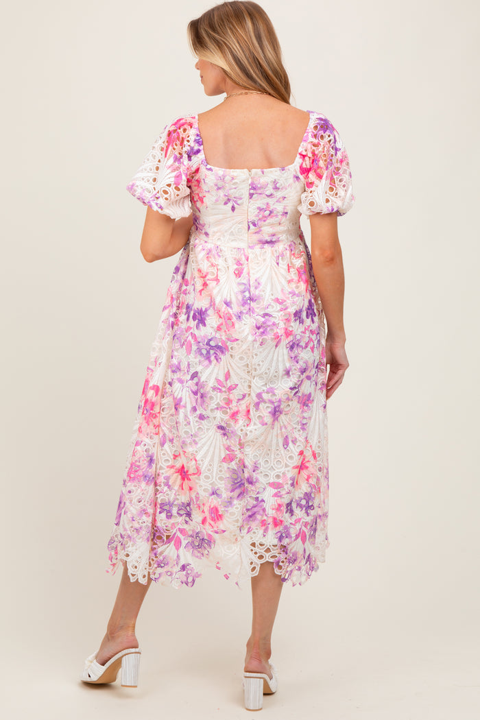 Purple Tie Dye Lace Puff Sleeve Maternity Midi Dress