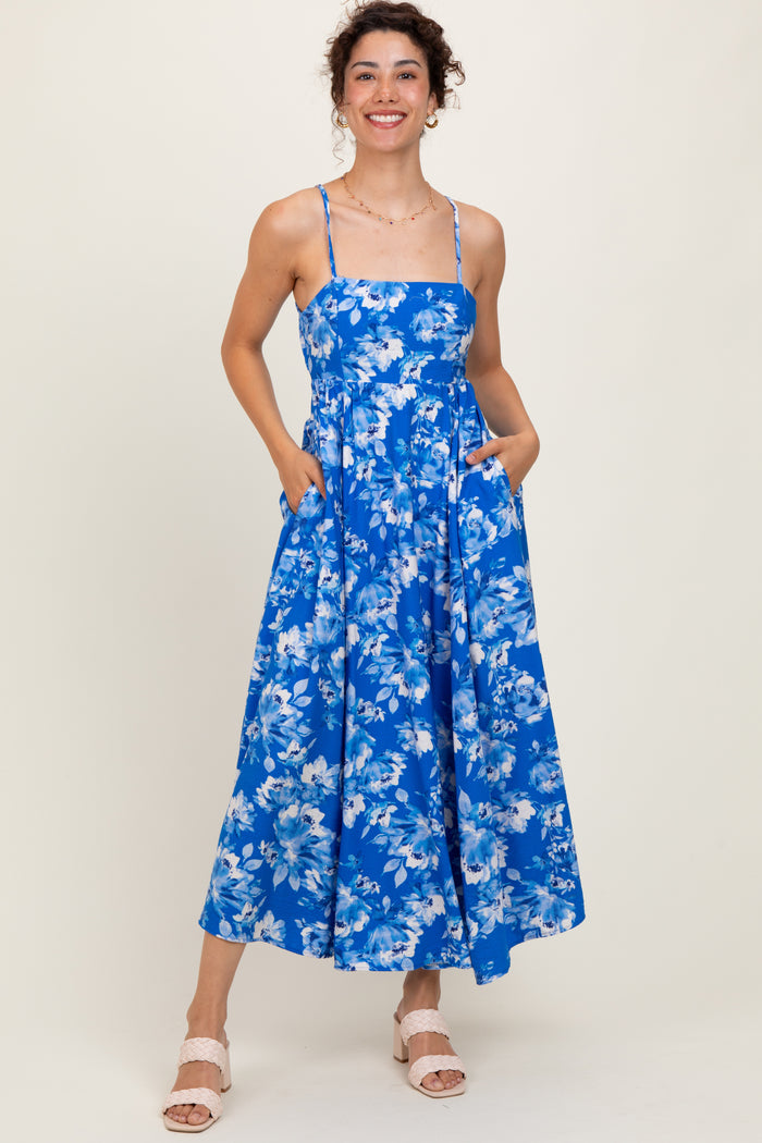 Royal Blue Floral Tie Back Cutout Maternity Midi Dress