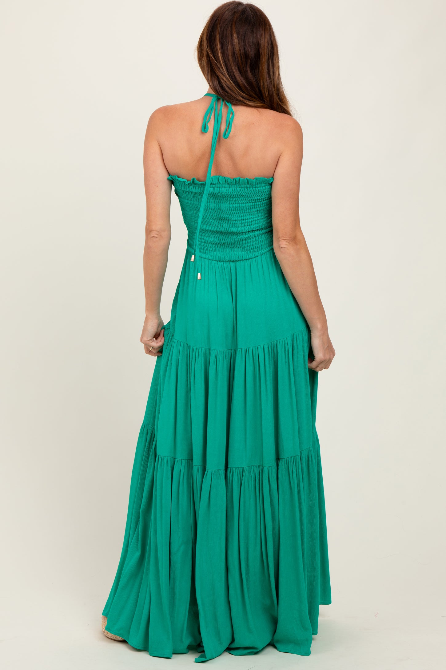 Green Smocked Halter Tiered Maxi Dress
