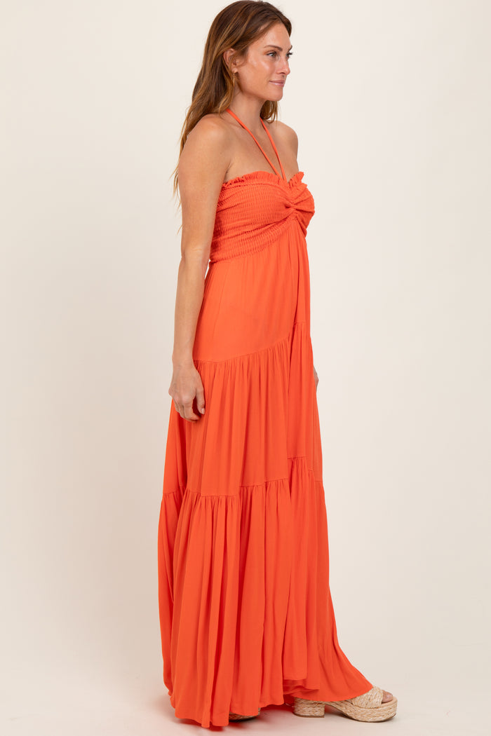 Orange Smocked Halter Tiered Maxi Dress