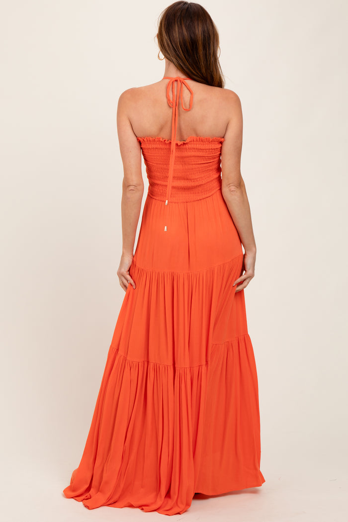 Orange Smocked Halter Tiered Maxi Dress