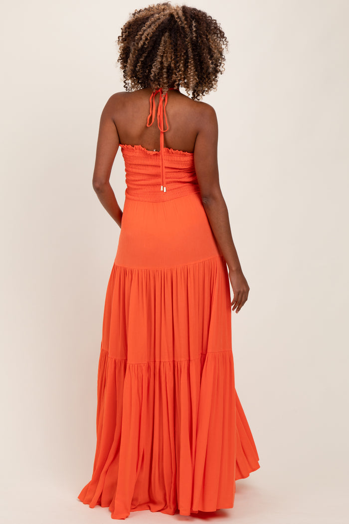 Orange Smocked Halter Tiered Maternity Maxi Dress