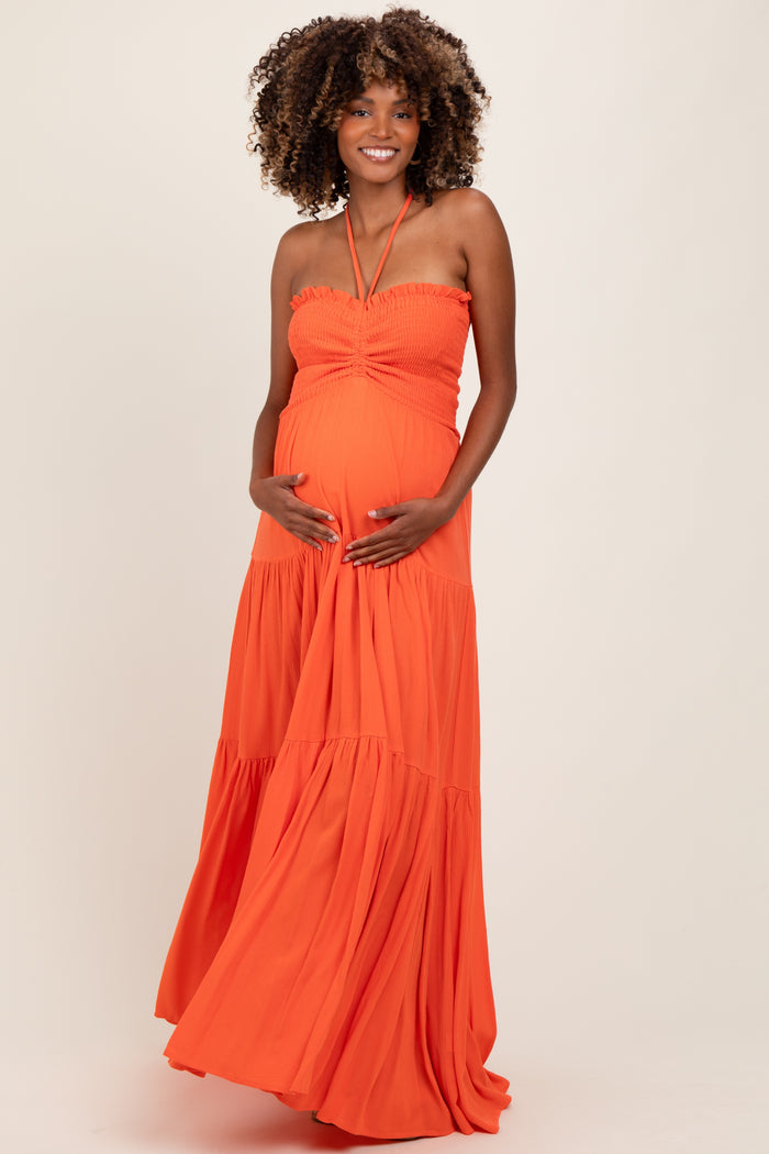 Orange Smocked Halter Tiered Maternity Maxi Dress