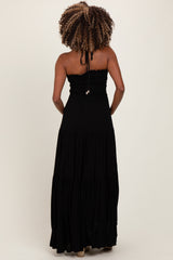 Black Smocked Halter Tiered Maternity Maxi Dress