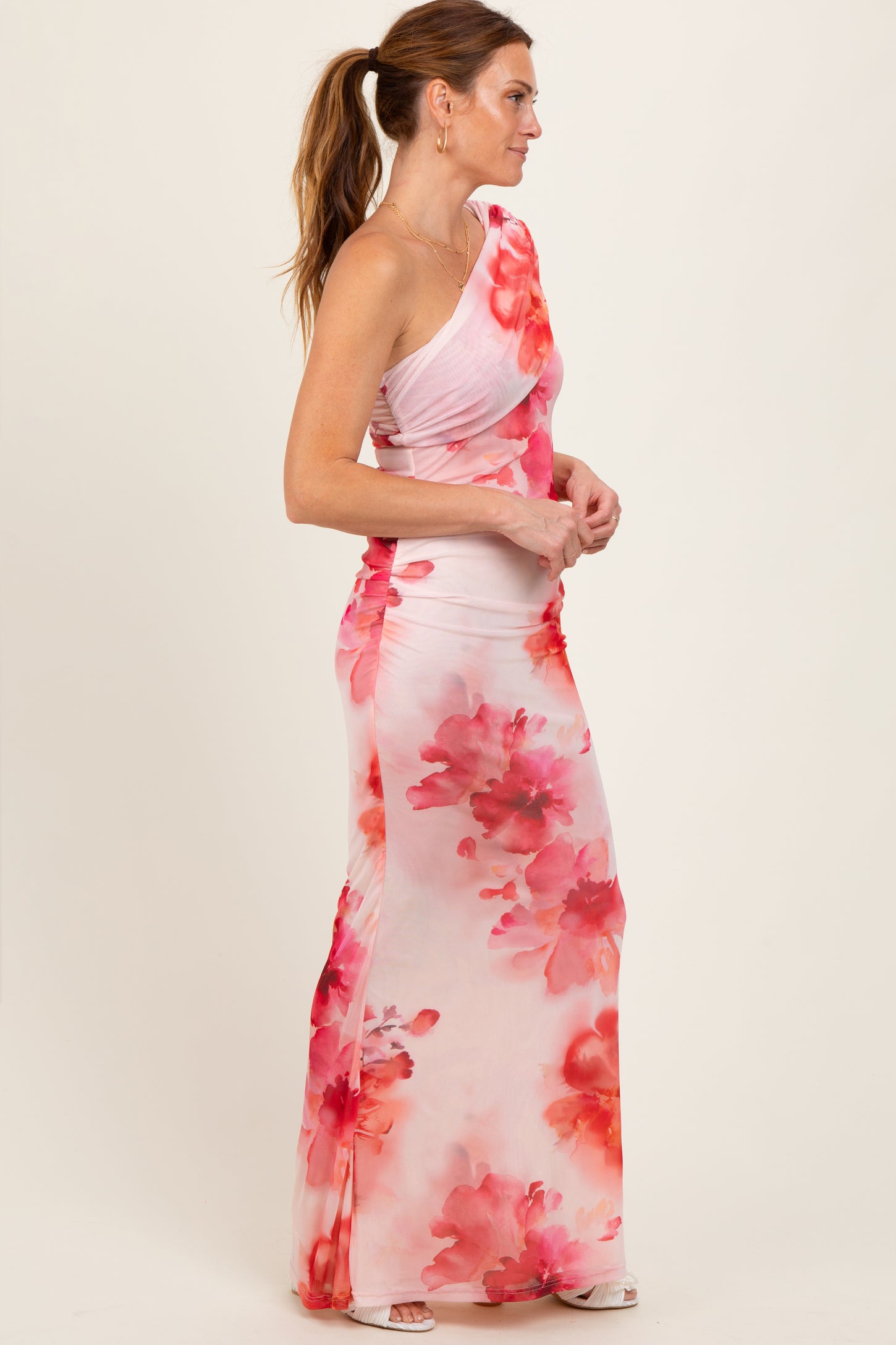 Light Pink Floral One Shoulder Ruched Maxi Dress