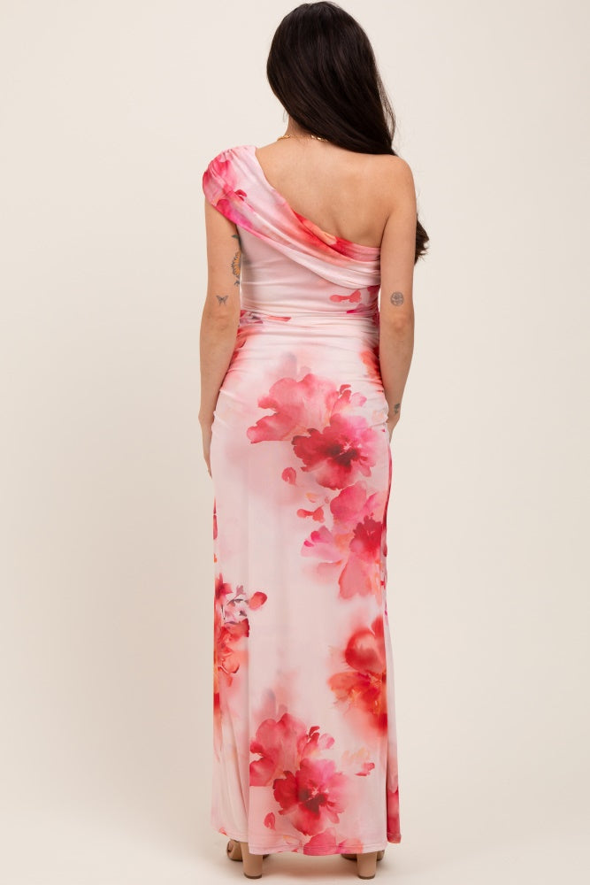 Light Pink Floral One Shoulder Ruched Maternity Maxi Dress
