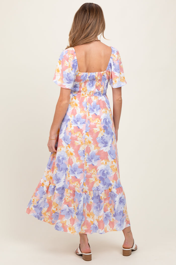 Coral/Purple Floral Flare Sleeve Tiered Maternity Maxi Dress