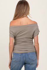 Olive Asymmetrical Neck Line Ruched Knit Maternity Top