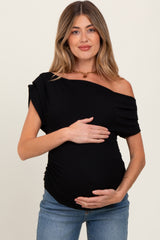 Black Asymmetrical Neck Line Ruched Knit Maternity Top