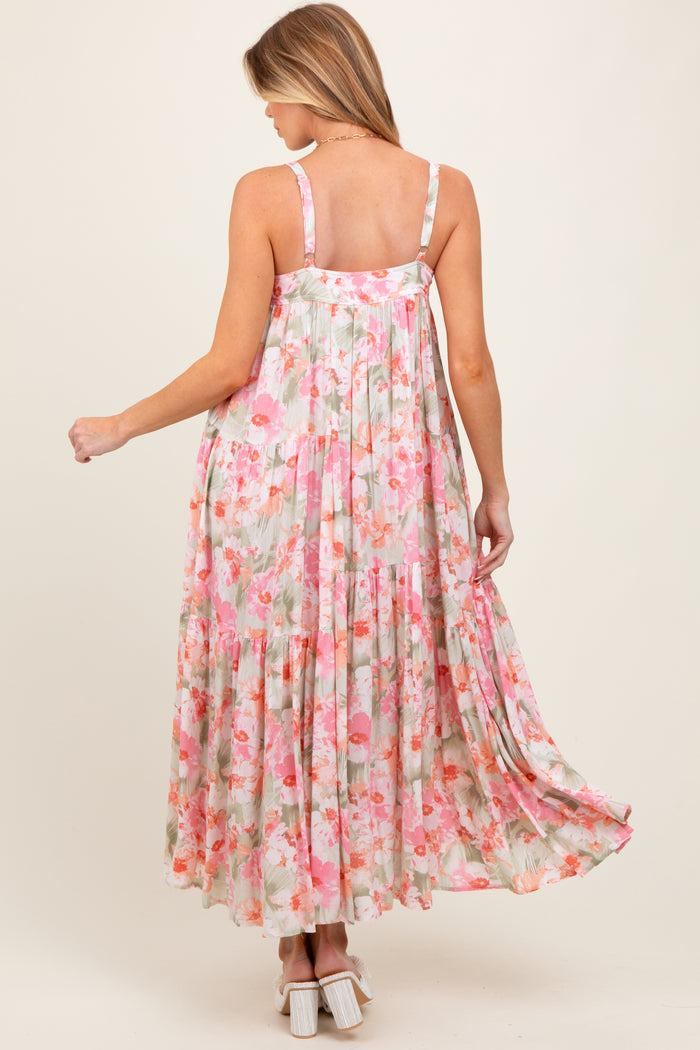 Olive/Fuchsia Tropical Floral Tiered Maternity Maxi Dress