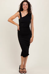 Black Asymmetrical Neckline Ruched Midi Dress