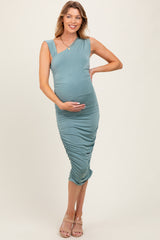 Light Olive Asymmetrical Neckline Ruched Maternity Midi Dress