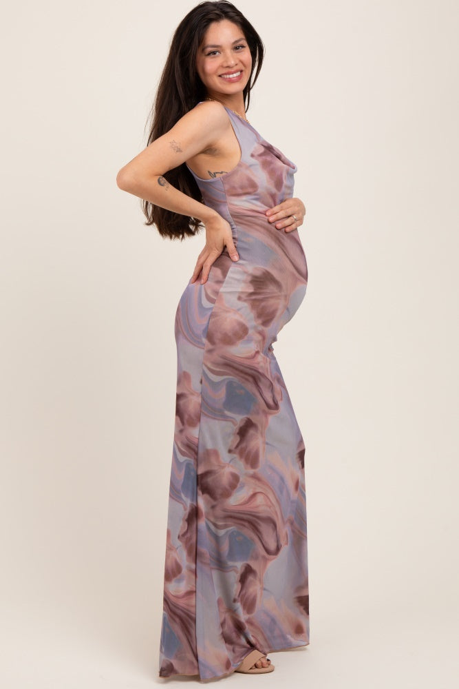 Mauve Watercolor Draped Neck Maternity Maxi Dress