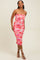 Fuchsia Floral Mesh Ruched Maternity Midi Dress
