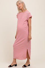 Red Striped Maternity Midi T-Shirt Dress