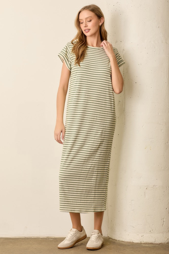 Olive Striped Maternity Midi T-Shirt Dress