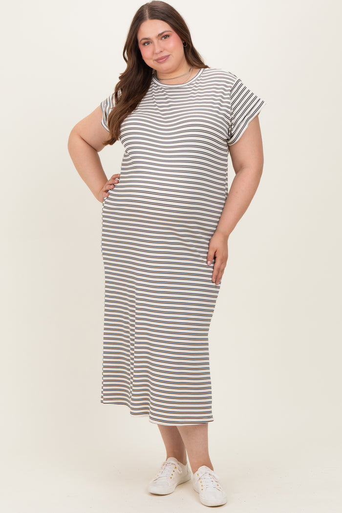 Black Striped Maternity Plus Midi T-Shirt Dress