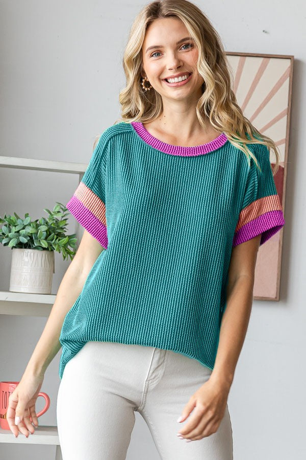 Teal Ribbed Colorblock Detail Short Sleeve Top