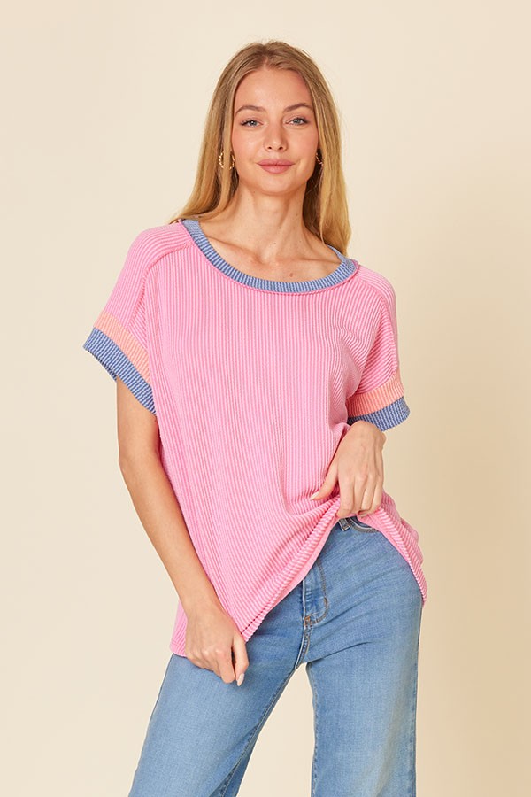 Pink Ribbed Colorblock Detail Maternity Short Sleeve Top