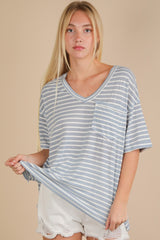 Blue Striped Oversized V-Neck Front Pocket T-Shirt