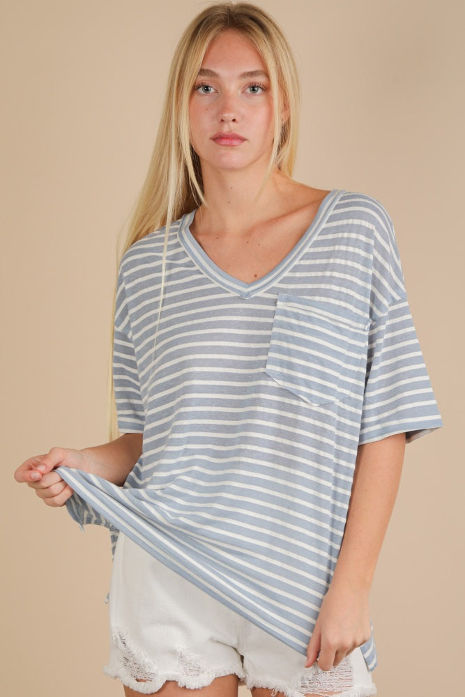 Blue Striped Oversized V-Neck Front Pocket T-Shirt