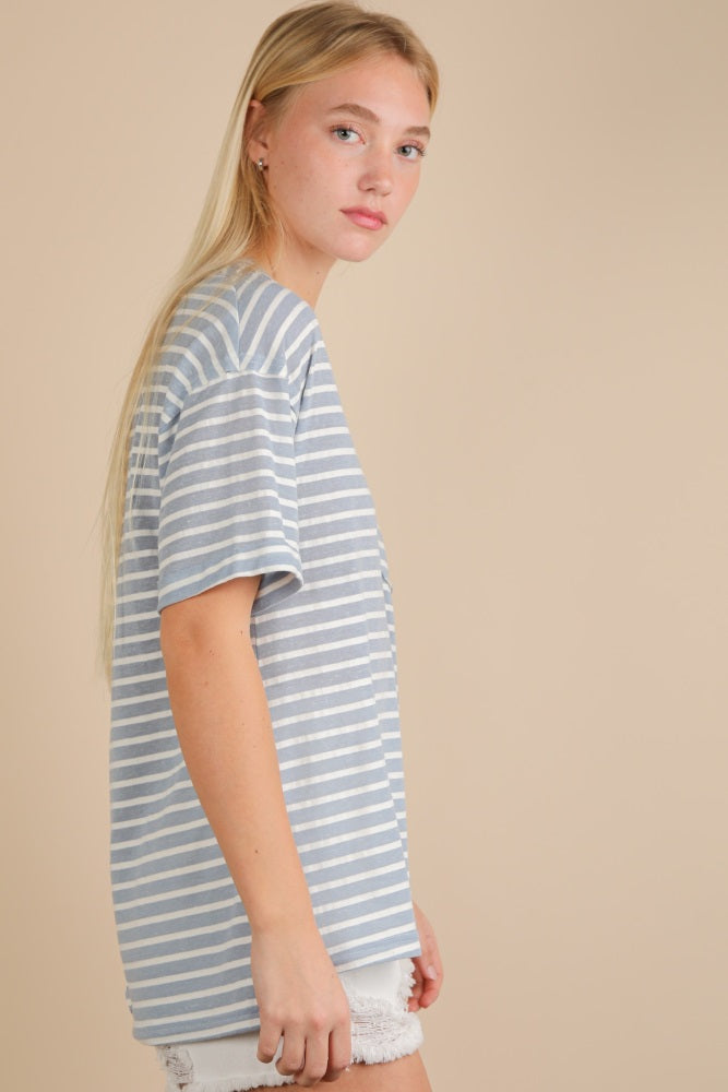 Blue Striped Oversized V-Neck Front Pocket T-Shirt
