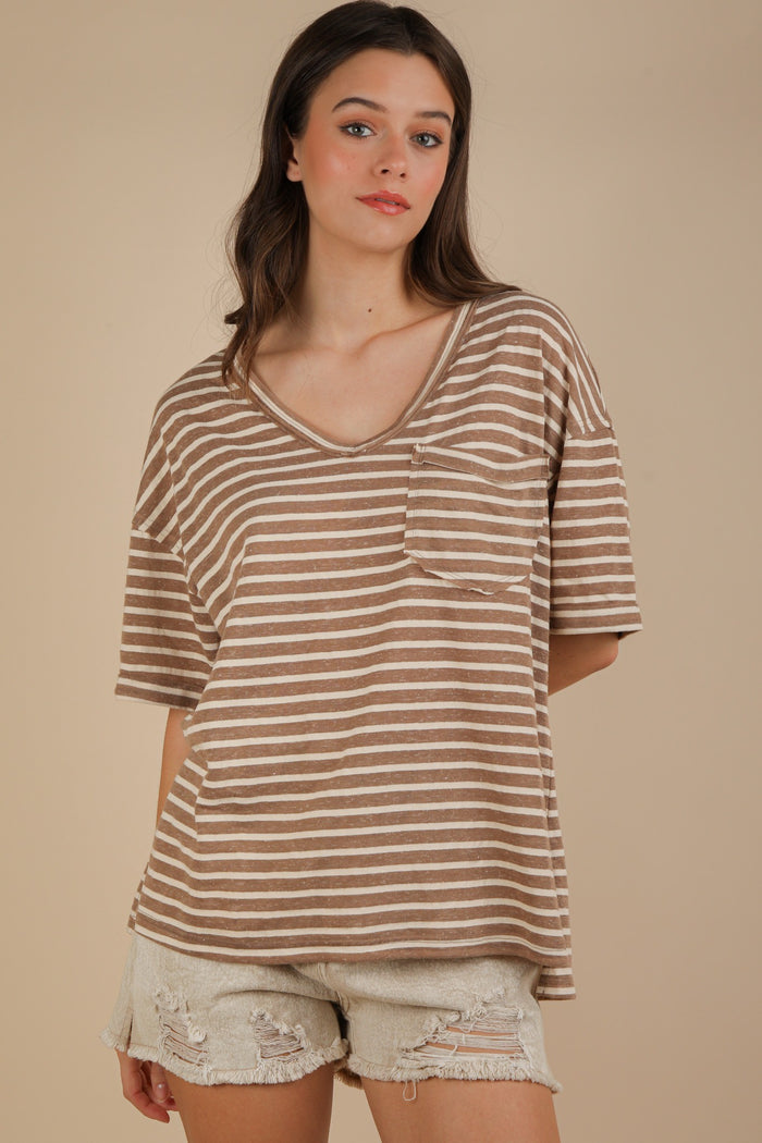 Mocha Striped Oversized V-Neck Front Pocket Maternity T-Shirt