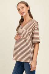 Mocha Striped Oversized V-Neck Front Pocket Maternity T-Shirt