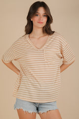 Beige Striped Oversized V-Neck Front Pocket Maternity T-Shirt